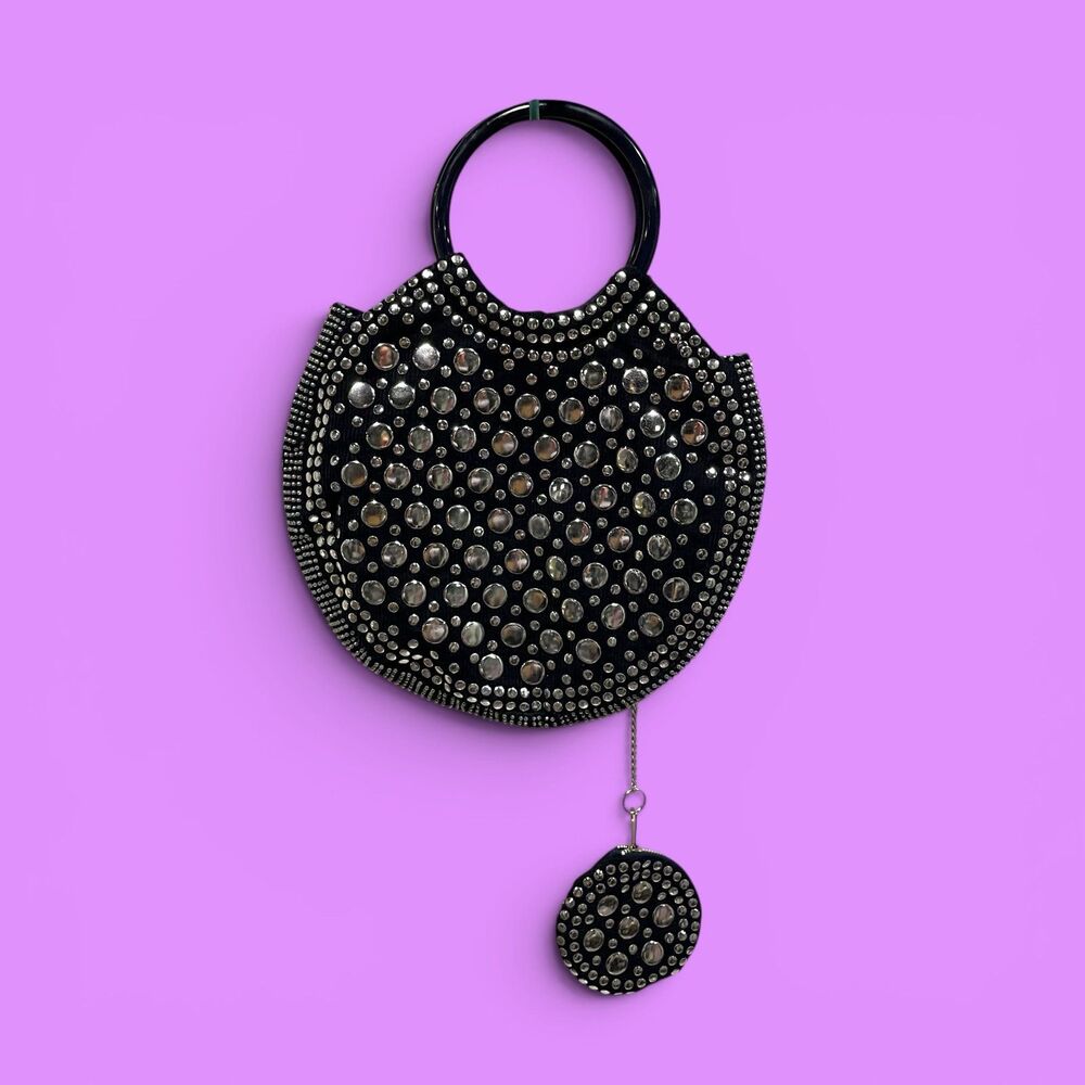 Cute navy corduroy silver studded moon circle bag and coin pouch festival